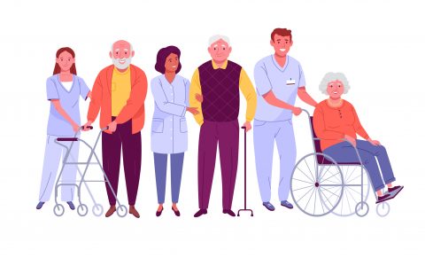 Animated image of a nurse assisting seniors