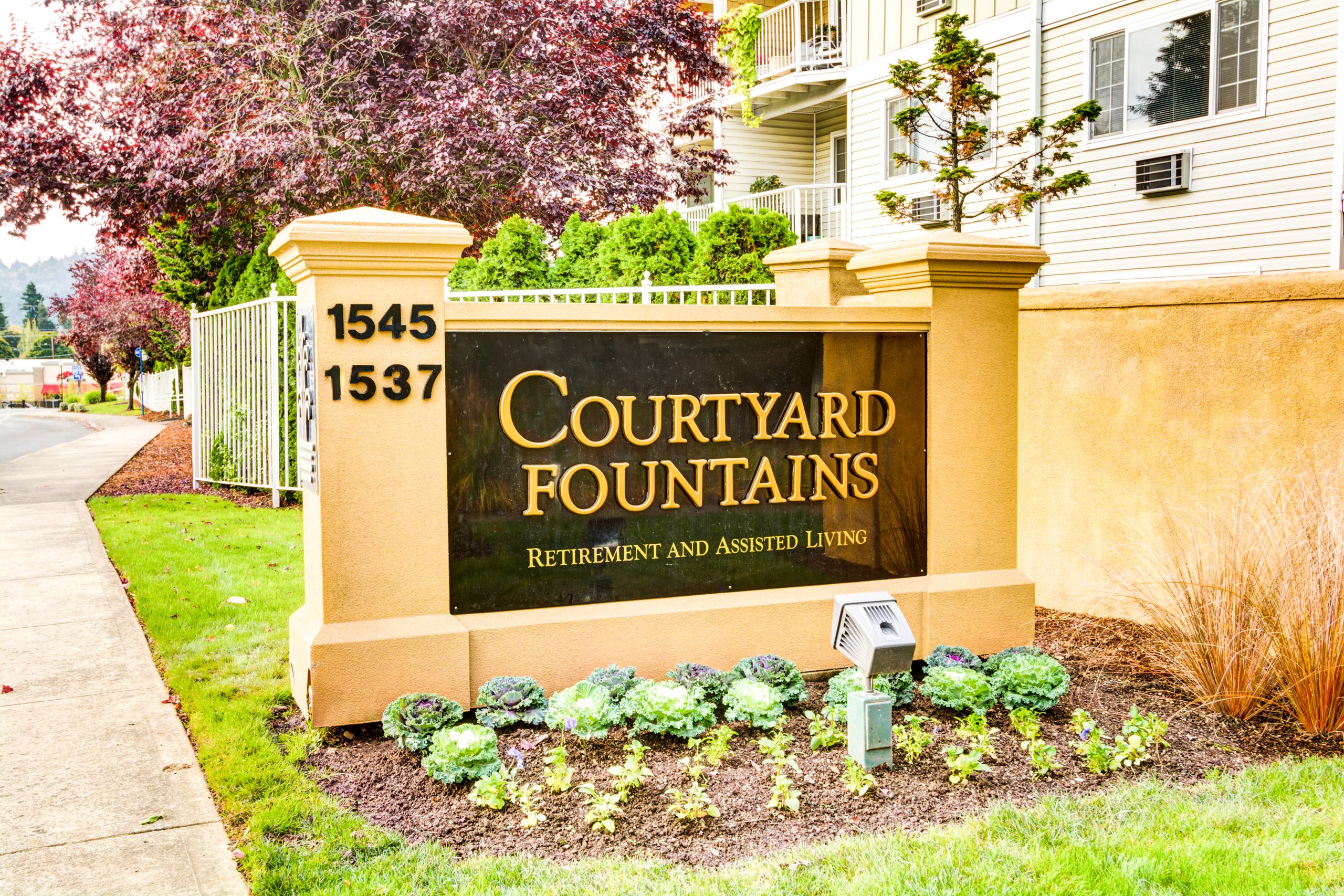 Courtyard fountains outdoor signage