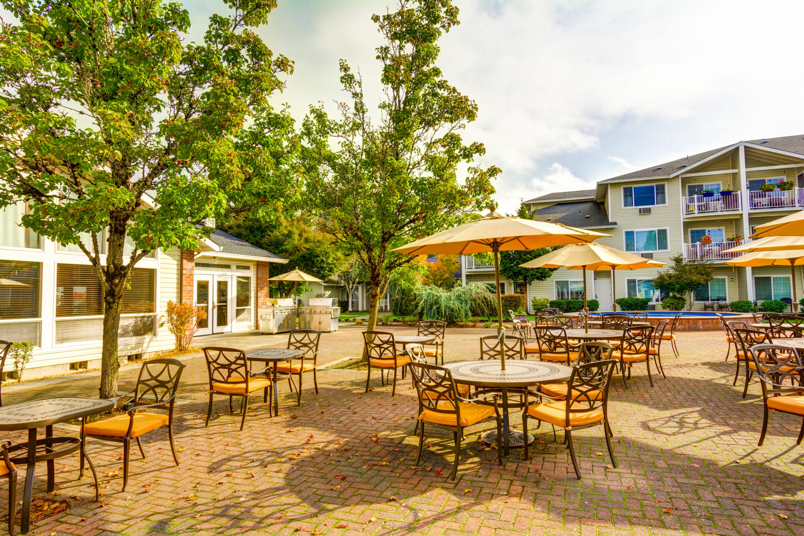 Courtyard fountains outdoor patio tables and seating