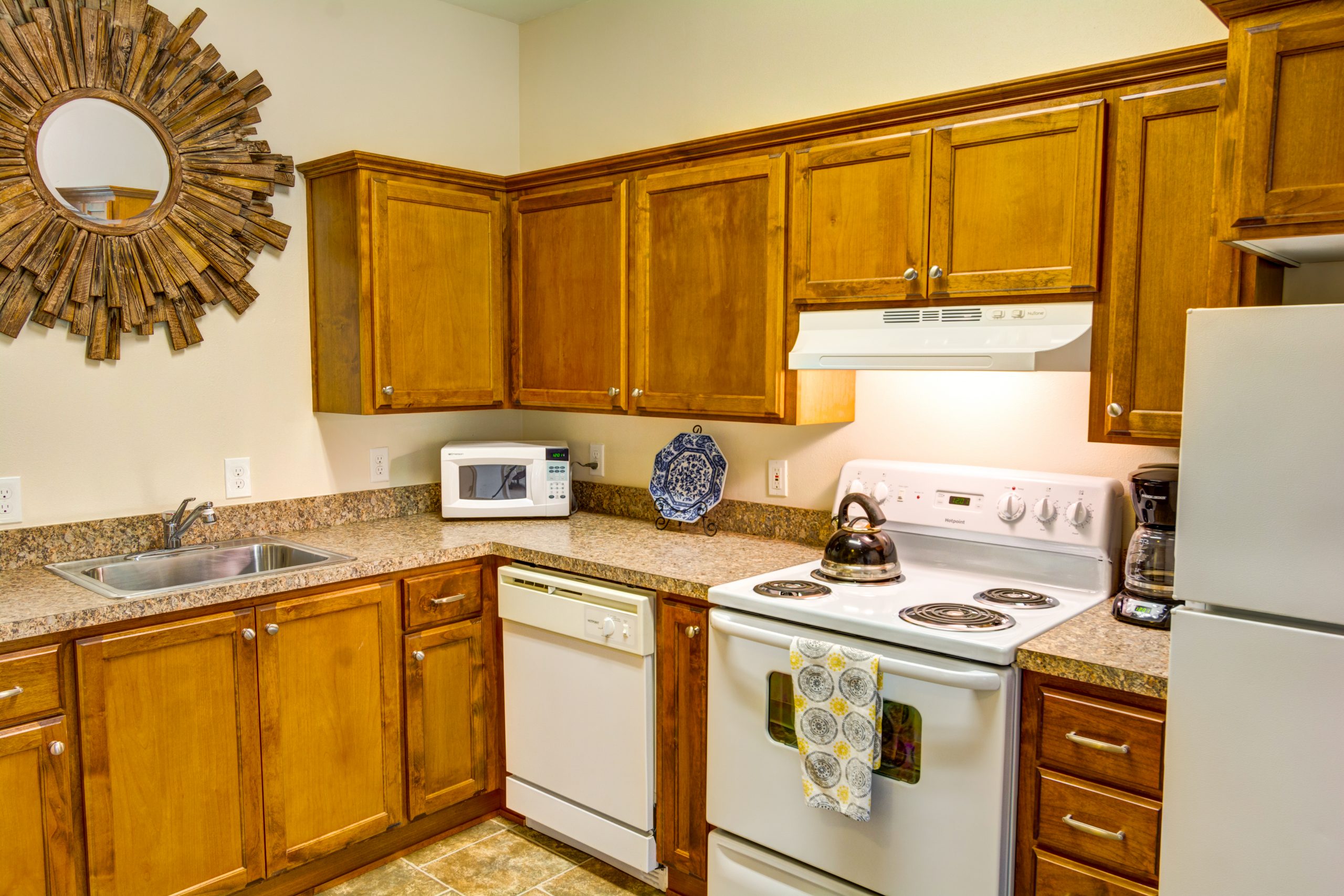 Courtyard fountains apartment kitchen