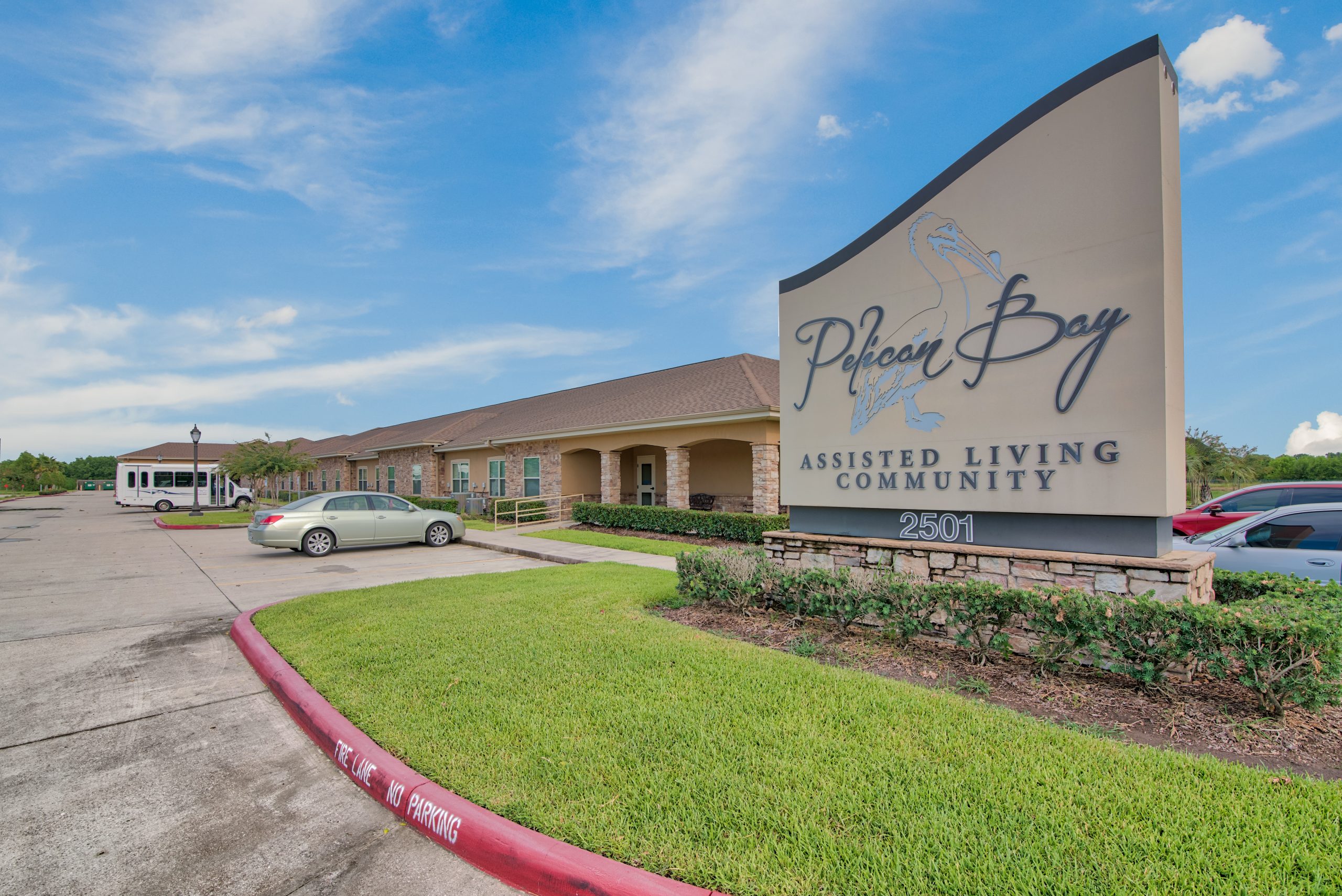 Pelican bay assisted living memory care community front entrace sign