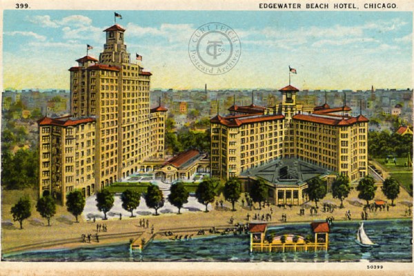 The Breakers at Edgewater Beach Hotel is depicted at right in a Curt Teich postcard from the early 20th century, via Wikimedia.