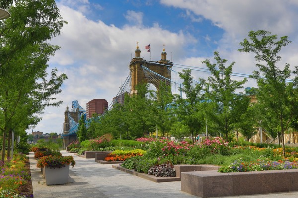 The John A. Roebling Bridge in Cincinnati is seen from Smale Park.