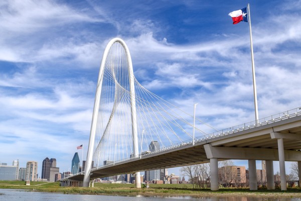 The Margaret Hunt Hill Bridge crosses the Trinity River into Downtown Dallas, Texas.