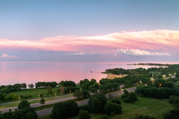 Montrose Beach and Foster Beach are shown from Lake Shore Drive in Chicago, near Lincolnwood, IL