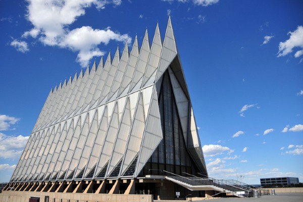 The U.S. Air Force Academy Cadet Chapel rises strikingly into the Colorado sky, the most recognizable symbol of the academy.
