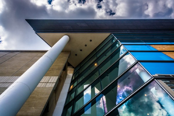 The angular exterior of the Walters Art Museum contrasts against the blue sky of Baltimore.