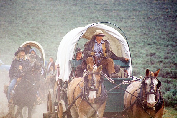 Modern-day re-enactors show what an Oregon Trail journey looked like, near Baker City, Oregon.