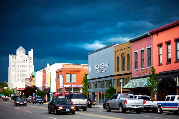 Storm clouds appear above historic Baker City, Oregon.