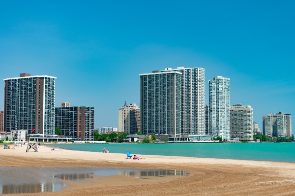Edgewater Beach in Chicago is dominated by residential apartment buildings.