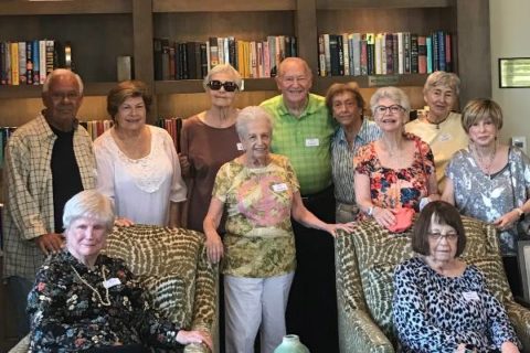 The Carnegie Library Committee members recently cut the ribbon on their new library. They are (back row, left to right) Fred Lichtenthal, Mary Lou Singleton, Rita O’Neil, Harlene Schrek, Fred and Marian Lichtstein, Meme Cohen, Inge Treser and Joni Klein; (front row) Ann Barringer Spaeth and Arlene Shapiro.