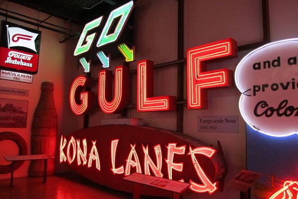 The American Sign Museum in Cincinnati features historic signs and neon displays, such as this sign for a bowling alley, Kona Lanes.