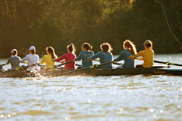 A crew team rows along the Chattahoochee River, near Johns Creek, GA.