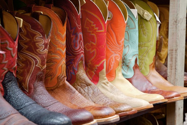 A row of boots sits for sale in a Dallas western wear store.