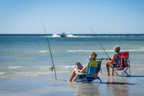 Two senior women fish at Sarasota, near Lakewood Ranch, Florida.