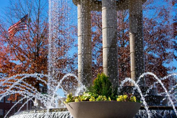 A fountain welcomes visitors in downtown Cary, NC.