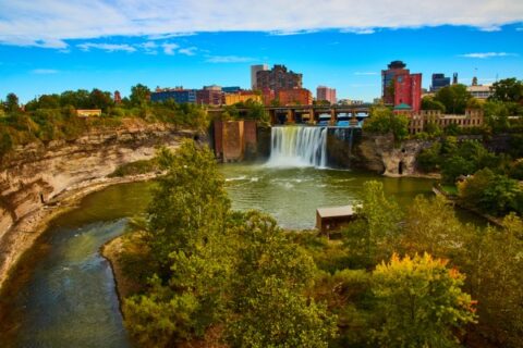 A panoramic view of High Falls and Rochester, NY.