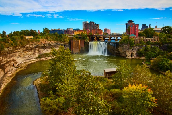 A panoramic view of High Falls and Rochester, NY.