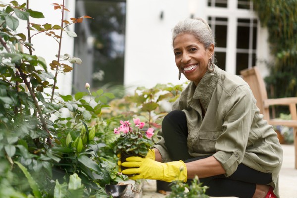 A senior woman repots a plant in her backyard garden.