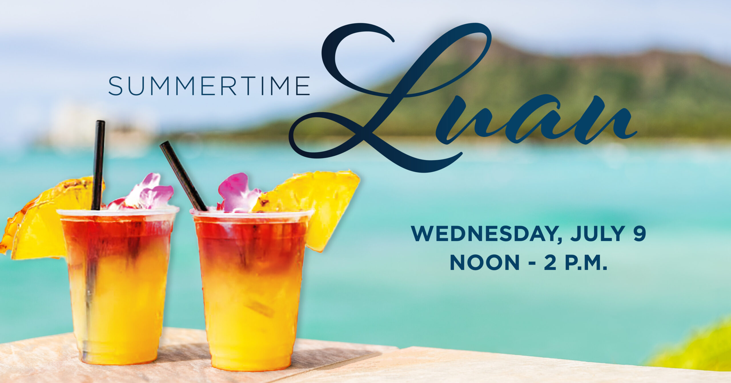 Luau themed drinks sitting beach side.